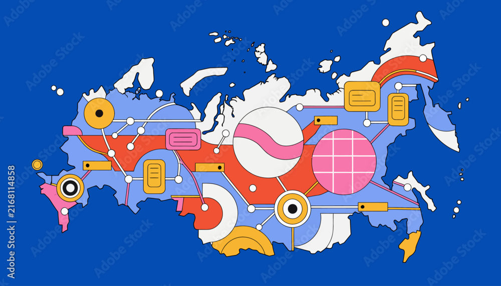 Naklejka premium Abstract Digital Network Map of Russia, Connectivity and Technology Concept