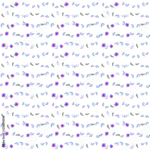 Seamless floral pattern with hand drawn delicate purple flowers and green leaves on white background spring mood