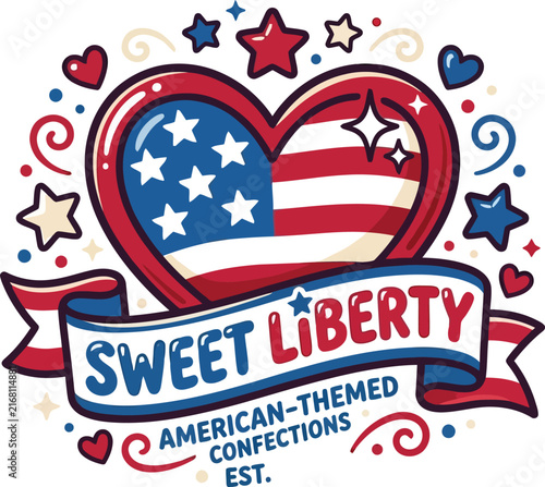 Watercolor patriotic hearts with stars and ribbon reading sweet liberty