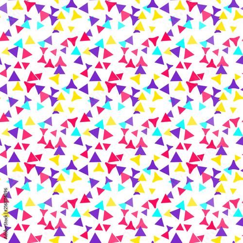 Abstract seamless pattern with colorful geometric triangles on white background featuring vibrant playful festive energy and style