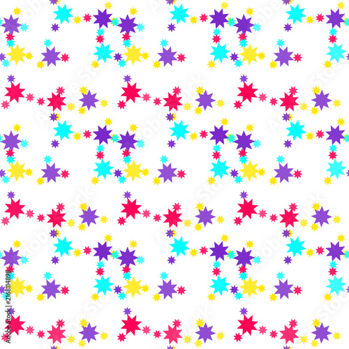 Seamless abstract pattern with vibrant multicolored star shapes and small circles on a crisp white background