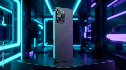 Premium smartphone standing upright with blank screen in neon environment with dramatic lighting