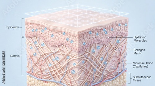 Cross section of human skin showing epidermis, dermis, subcutaneous tissue, hydration molecules, collagen matrix, and microcirculation, highlighting skin structure and moisture retention