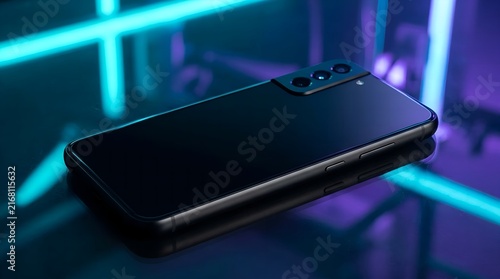 Slim smartphone lying at three quarter angle with blank screen on neon background
