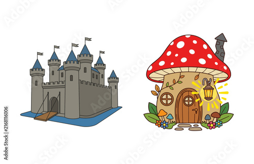Картината върху платно Illustrations of a medieval castle fortress and a whimsical magical mushroom fai