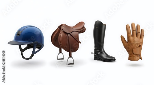 Equestrian equipment set with saddle and helmet.