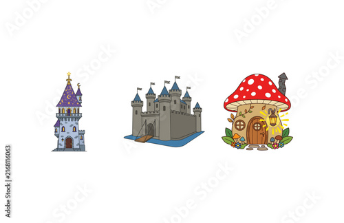 Bild auf Leinwand Fairy Tale Castle Towers and Whimsical Mushroom Dwelling Set Collection