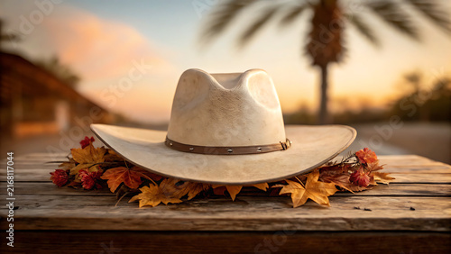 Vintage cowboy hat on rustic wooden table with autumn leaves at sunset beach backdrop