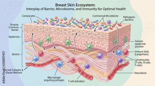 Breast skin ecosystem showing corneocytes, commensal microbiome, pathogenic bacteria, immune cells, lymphocytes, and dermal layers for optimal skin health
