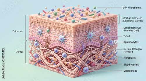 Skin microbiome stratum corneum Langerhans cell T cell keratinocyte dermal collagen network fibroblast blood vessel macrophage epidermis dermis immune cell structure healthy skin showing complex