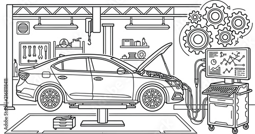 Bild auf Leinwand Automotive car diagnostic service with modern computerized equipment in garage