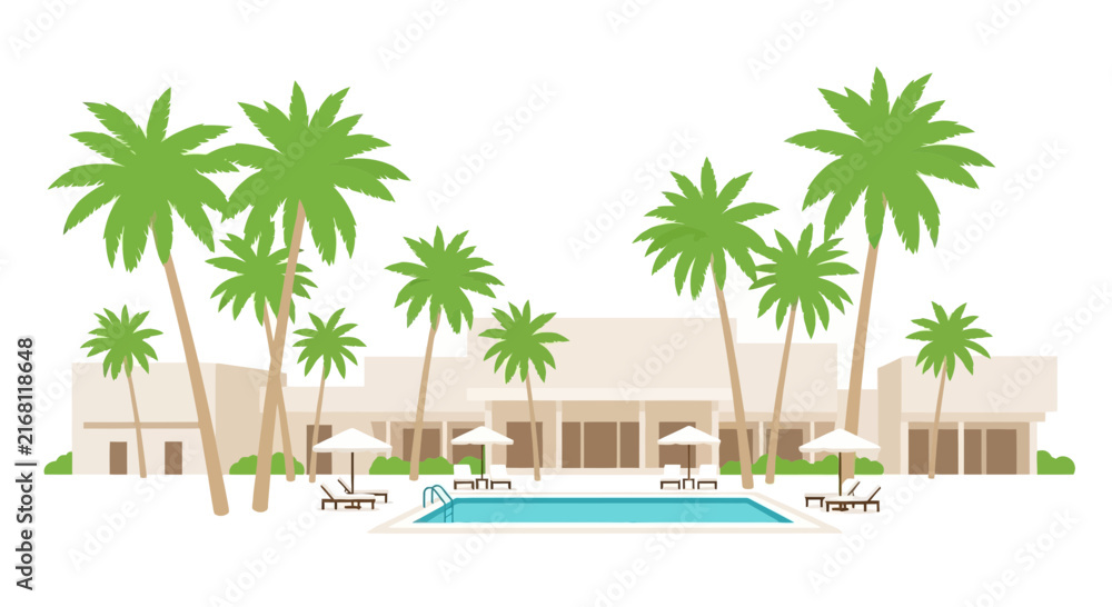 Fototapeta premium Tropical Resort Villa with Pool and Palm Trees, Flat Design Illustration