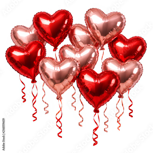 Red and Rose Gold Heart Shaped Foil Balloons with Ribbons Isolated on White Background