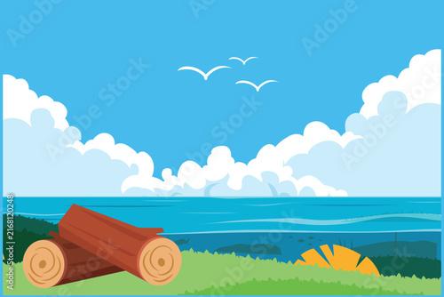 Coastal landscape with ocean waves, driftwood logs, and flying seagulls.Blue sky concept. Colored flat graphic vector ilustration isolated