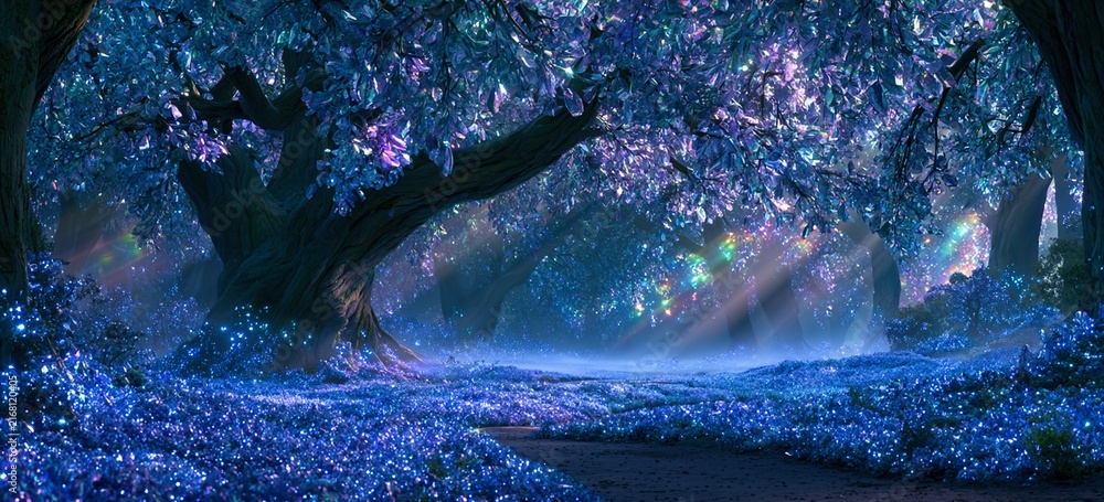 Fototapeta premium Iridescent leaf canopy refracts morning sun into rainbows, misty grove floor covered in glowing sapphire flowers, cinematic radiant woodland