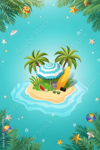Tropical Island Summer Background with Palm Trees, Ocean Waves and Beach Elements