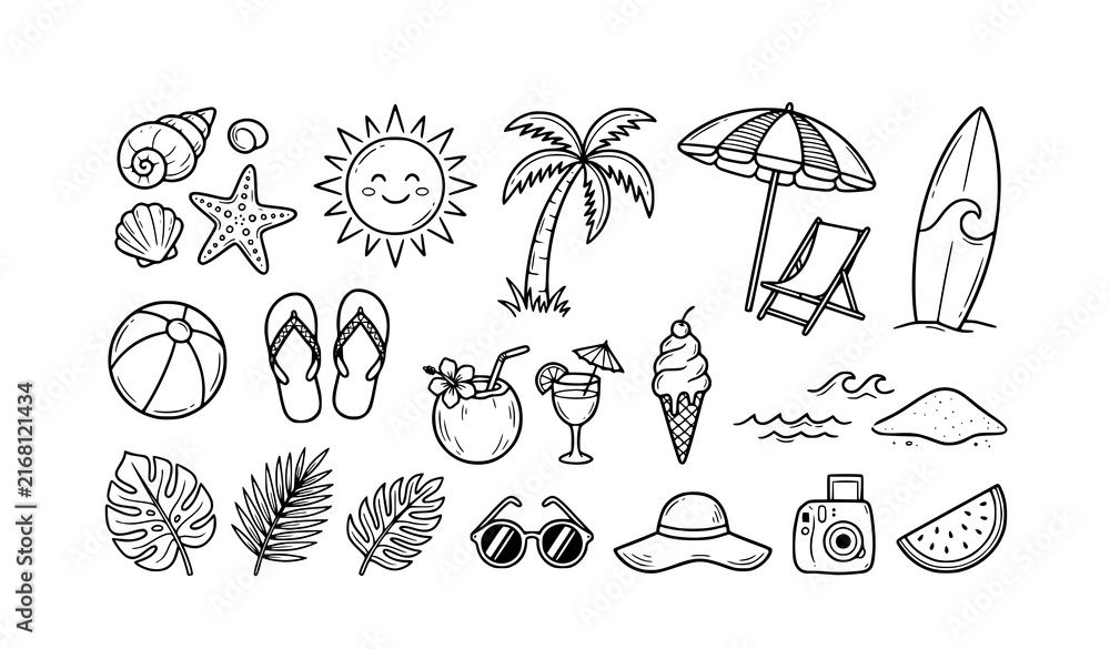 Fototapeta premium Summer Beach & Vacation Line Art Icons