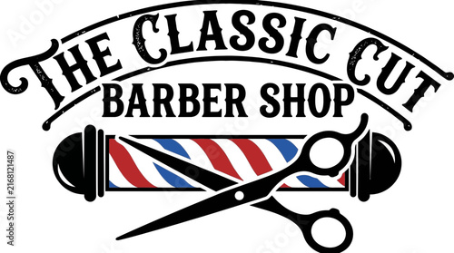 Vintage style logo design for a traditional barber shop with scissors and pole.