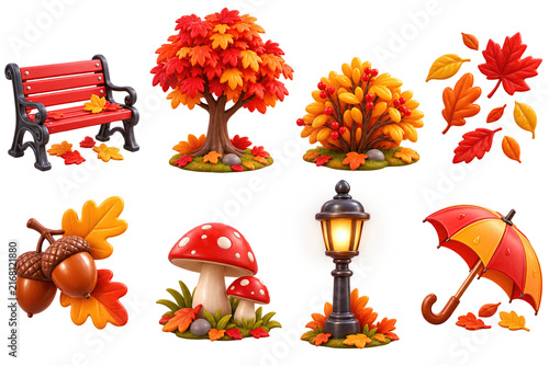 Charming autumn scene elements with vibrant fall foliage and seasonal icons