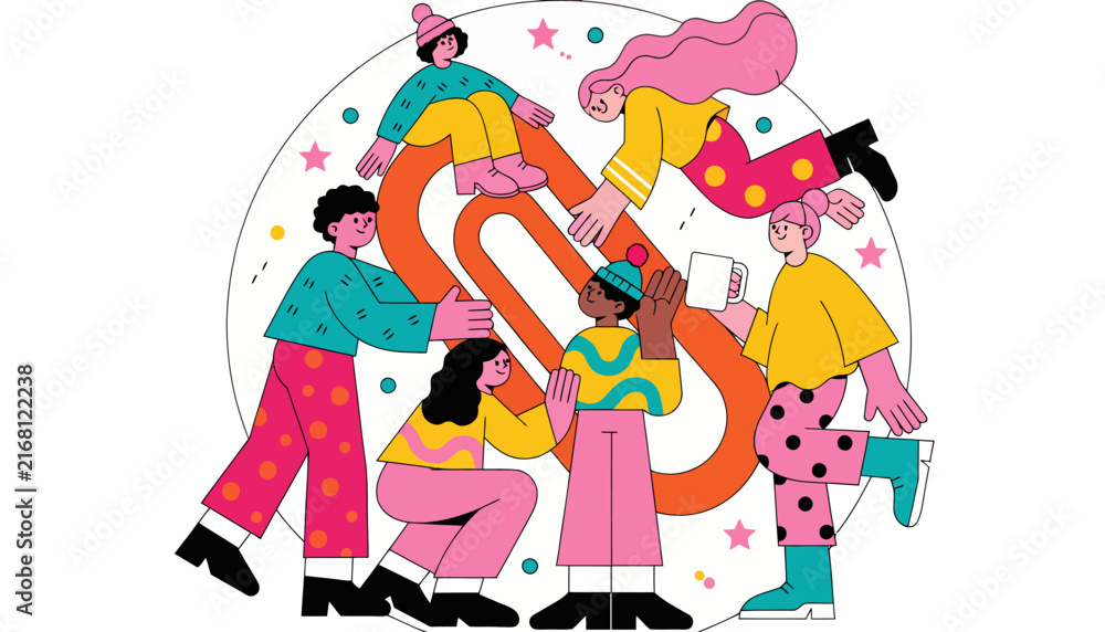 Naklejka premium Diverse people connecting with giant link chain