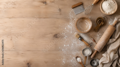 Baking tools and ingredients with flour on a rustic wooden background with copy space