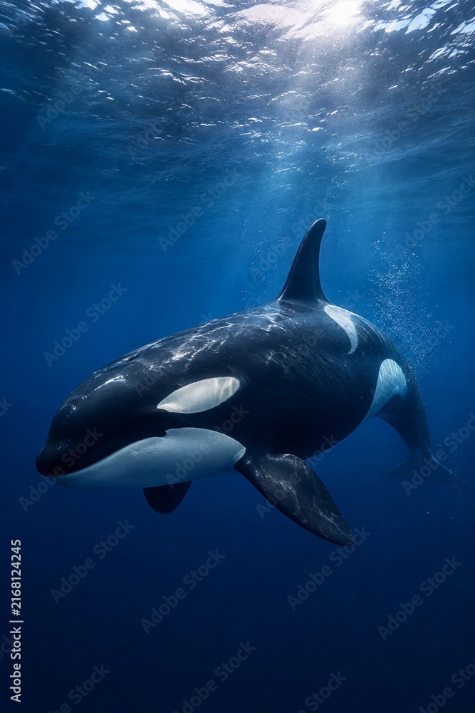 Obraz premium Orca whale swimming underwater through deep blue ocean with sunlight