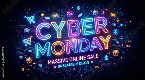 Cyber monday neon banner with online sale and discounts