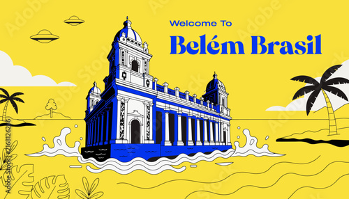 Welcome to Belem Brasil, historic building in water on yellow background