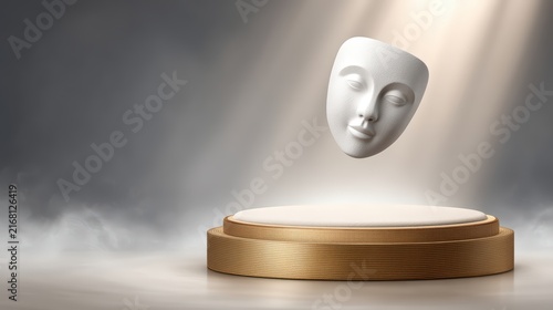 Abstract white mask floating above a luxurious gold pedestal in dramatic spotlight