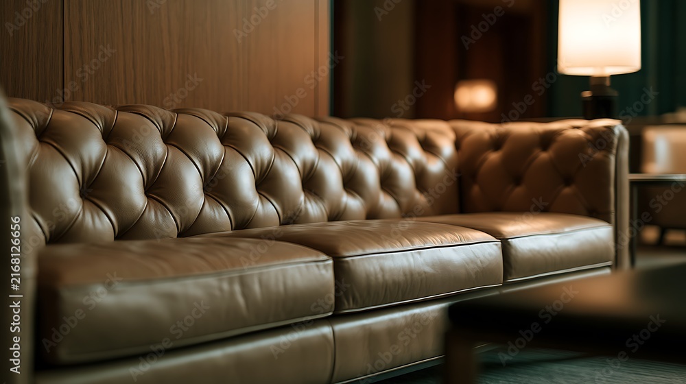 Obraz premium Elegant Vintage Brown Leather Chesterfield Sofa in Dimly Lit Luxury Interior.