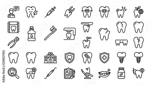 Dental Icons Set Line Art Style On White Background