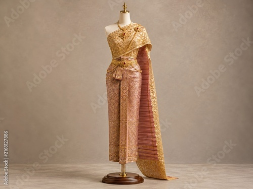 Elegant traditional Thai woman costume. Thai silk. Thai heritage, traditional craftsmanship, luxury textiles, cultural identity, and Southeast Asian fashion. Thai wedding attire, cultural heritage