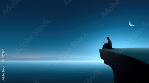 Person writing in a journal sitting on a cliff at night under a crescent moon