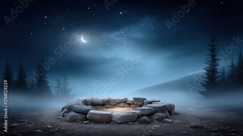 Stone circle in misty night forest under crescent moon