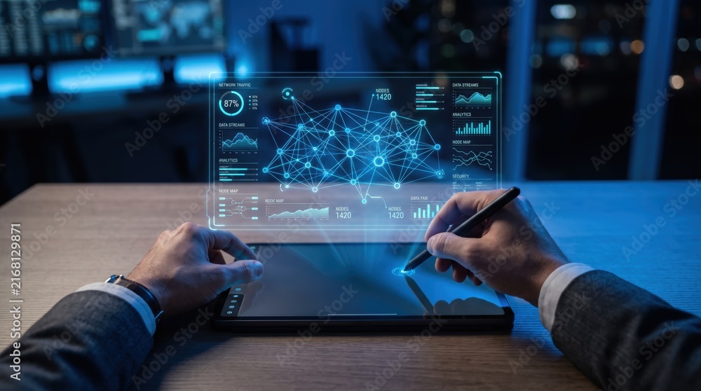 Fototapeta premium Business analyst using digital tablet with stylus pen, analyzing complex data visualization and network graphs, futuristic holographic dashboard interface, big data analytics