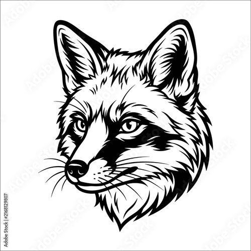 Black and white fox head illustration.