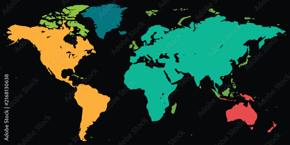 Obraz premium World map divided into colorful continents for educational geography presentations.
