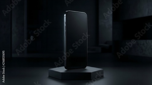 Premium smartphone standing upright on black pedestal in dark studio with rim lighting