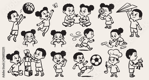 Active children sports seamless pattern, happy kids running doodle, cute soccer football sketch texture, hand drawn magnifying glass discovery vector, playground energetic games line art wallpaper, bo
