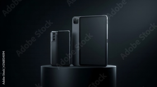Smartphone and tablet mockup set on black pedestal in dark studio with rim lighting