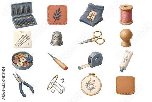 Sewing tools thimble scissors embroidery hoop notions icon set isolated on white background, Transparent PNG