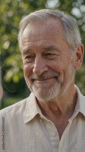 Senior Caucasian couple smiling and talking lovingly in a lush outdoor garden, ideal for Grandparents Day vertical frame scene