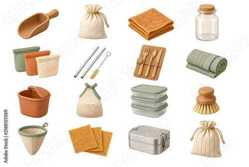 Sustainable kitchen reusables mesh bags beeswax wraps eco set isolated on white background, Transparent PNG