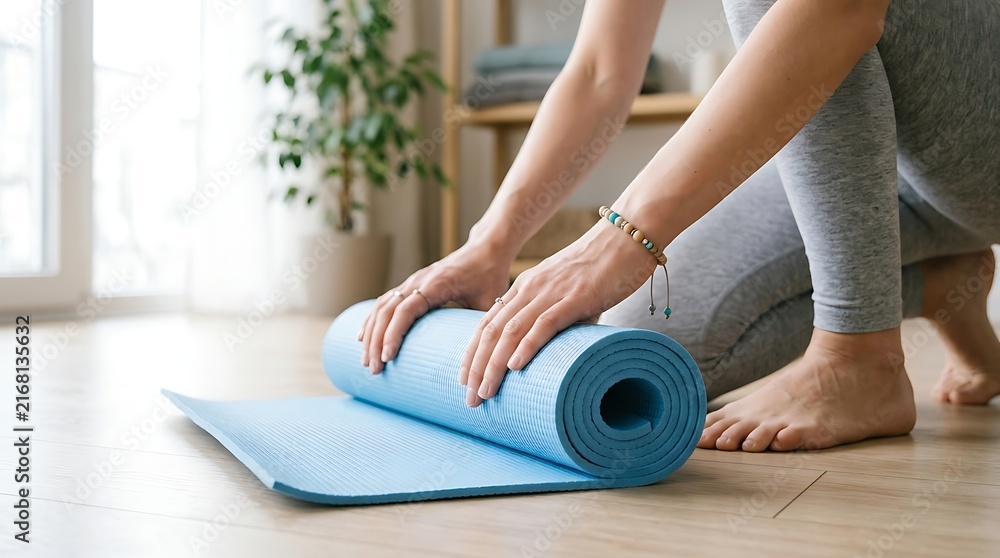 Fototapeta premium Woman rolling up blue yoga mat on wooden floor after home workout exercise session