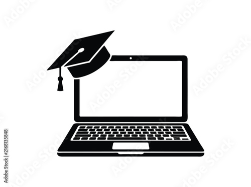 Online education laptop icon with graduation cap, digital learning vector, e-learning and academic degree symbol for web