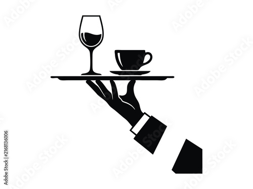 Waiter hand holding tray with wine glass and coffee cup, restaurant service silhouette, catering hospitality icon vector
