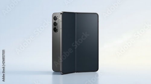 Foldable smartphone half open with blank screen on pale blue background in studio lighting