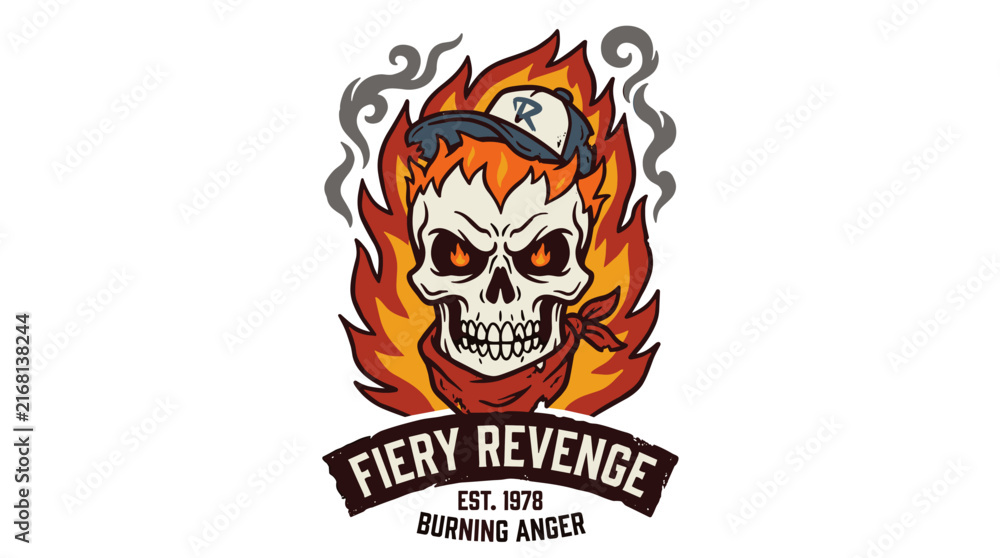 Fototapeta premium Consumed by rage, seeking fiery vengeance, this vintage mascot illustration features a skull ablaze