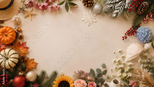 All seasons flat lay background with autumn, winter, spring, and summer decorations framing empty copy space