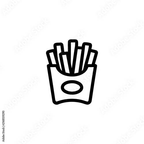 French fries in paper container black line icon on white background